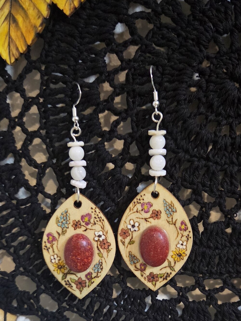 Handcrafted Floral Boho Red Jasper Moonstone Beaded Dangle Earrings Sterling